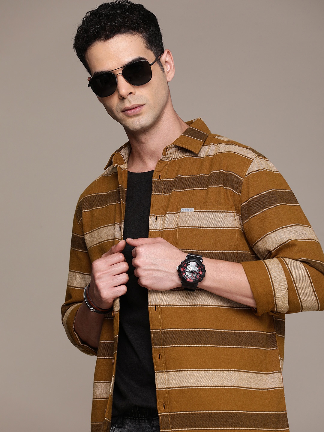 

FORCE IX Pure Cotton Horizontal Stripes Opaque Casual Shirt, Camel brown