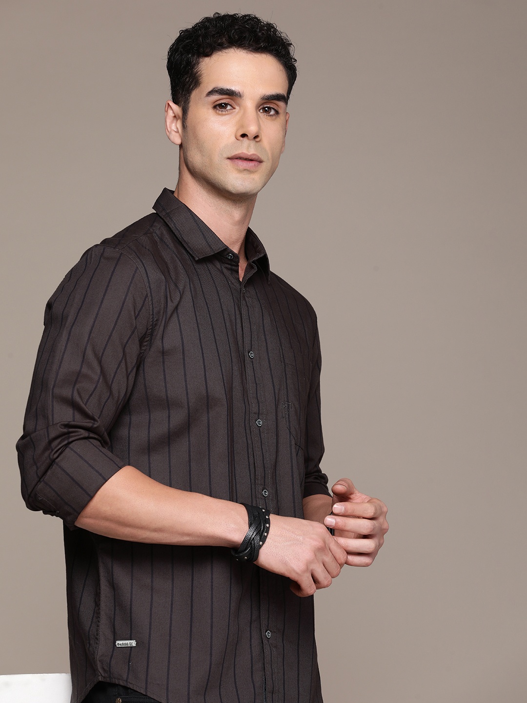 

FORCE IX Pure Cotton Opaque Striped Casual Shirt, Coffee brown