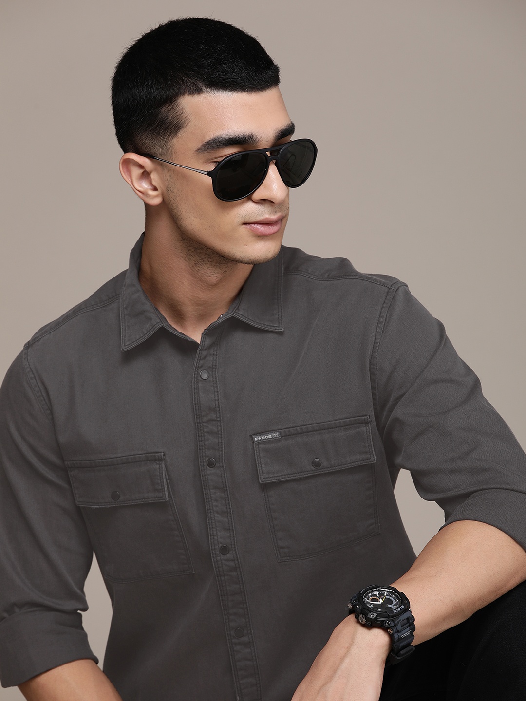 

FORCE IX Pure Cotton Opaque Casual Shirt, Grey