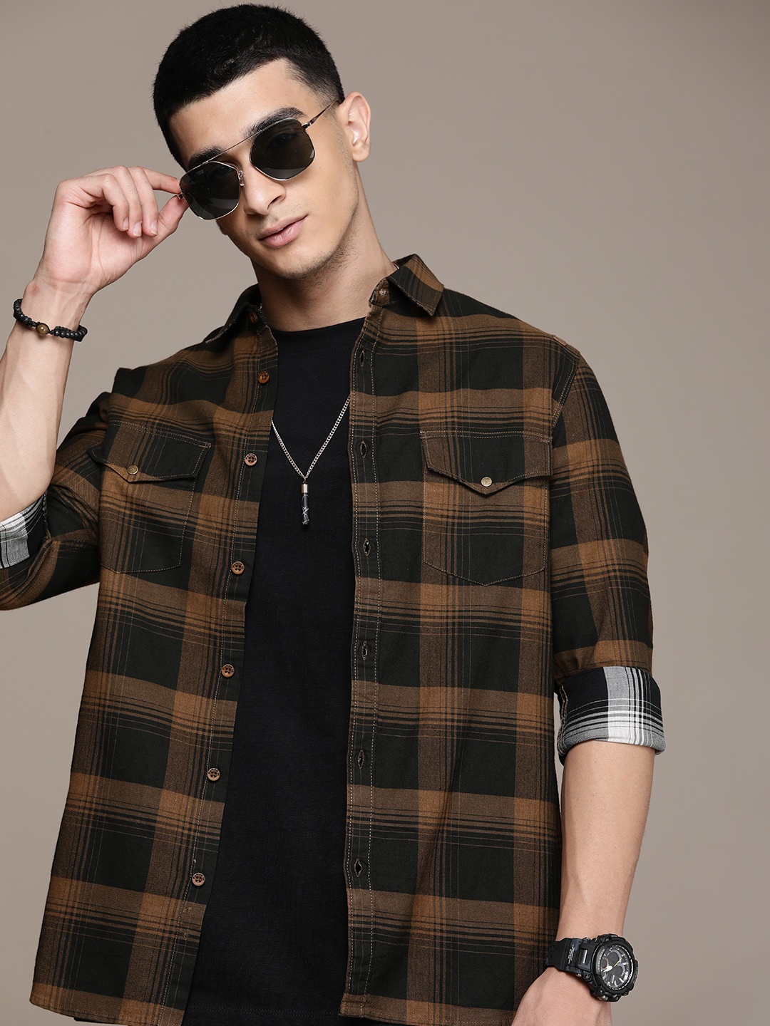 

FORCE IX Checked Pure Cotton Casual Shirt, Brown