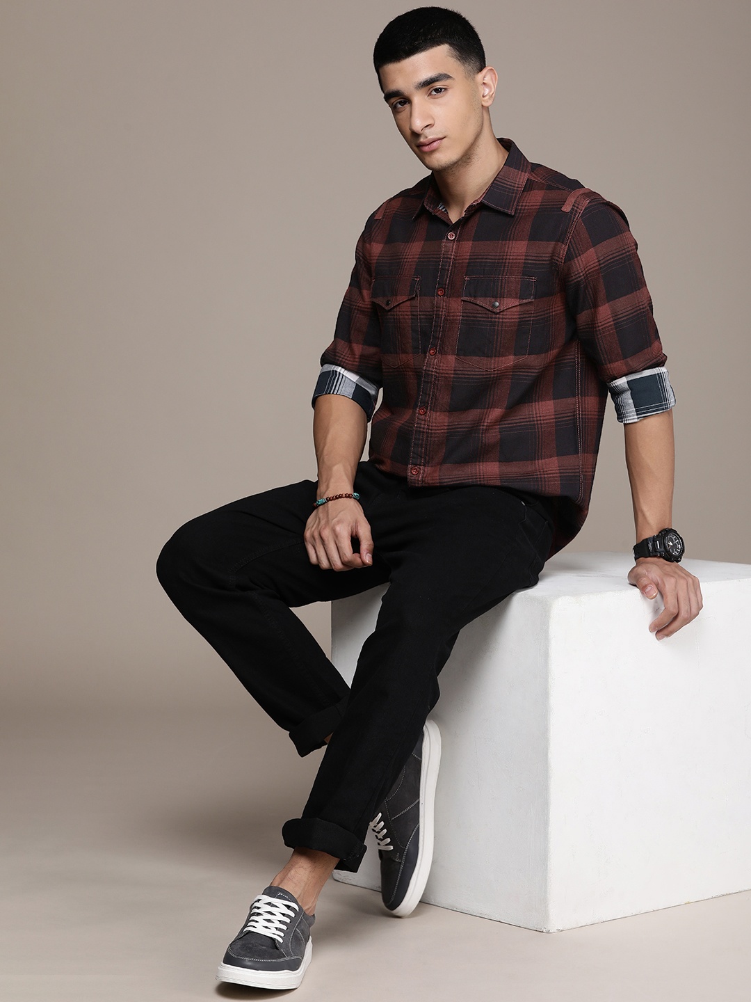 

FORCE IX Pure Cotton Tartan Checks Opaque Casual Shirt, Maroon