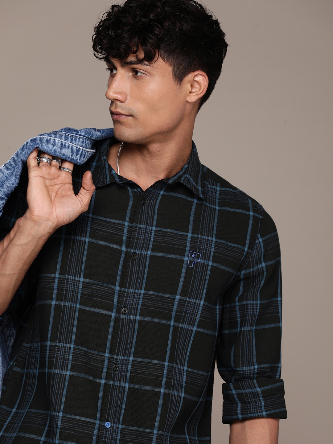 

FORCE IX Checked Pure Cotton Casual Shirt, Black