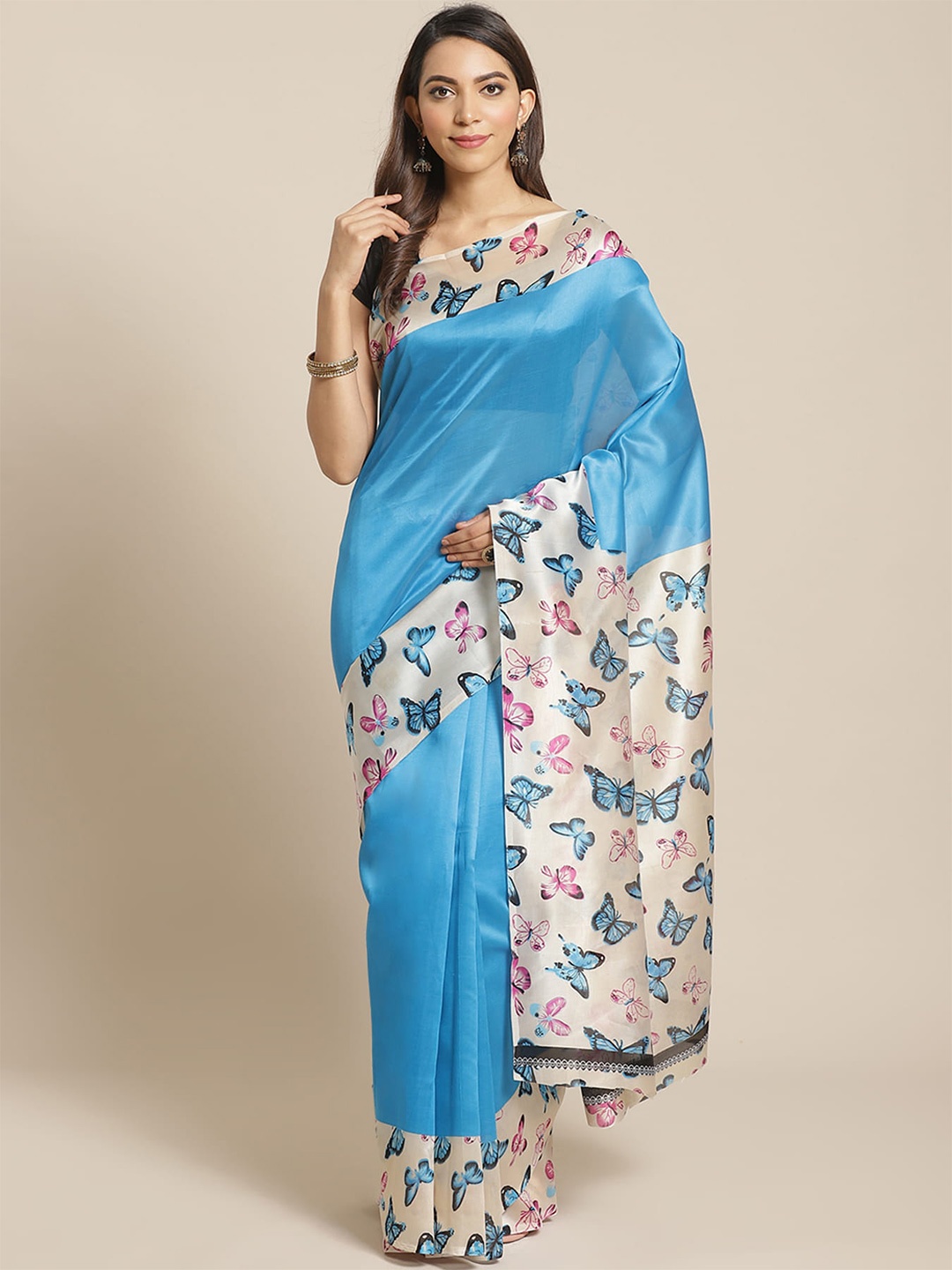 

KALINI Printed Border Banarasi Saree, Blue