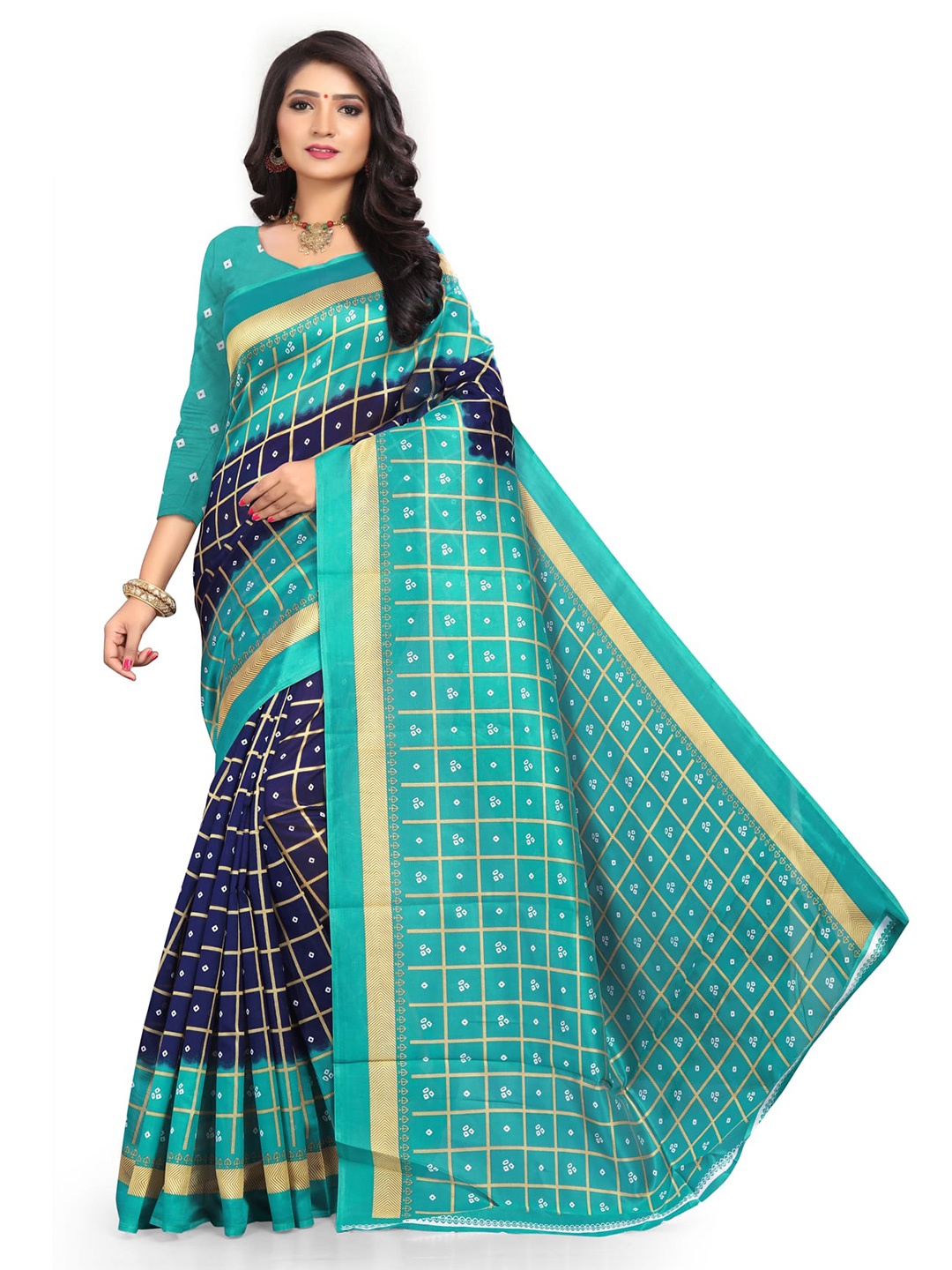 

KALINI Bandhani Printed Zari Banarasi Saree, Blue