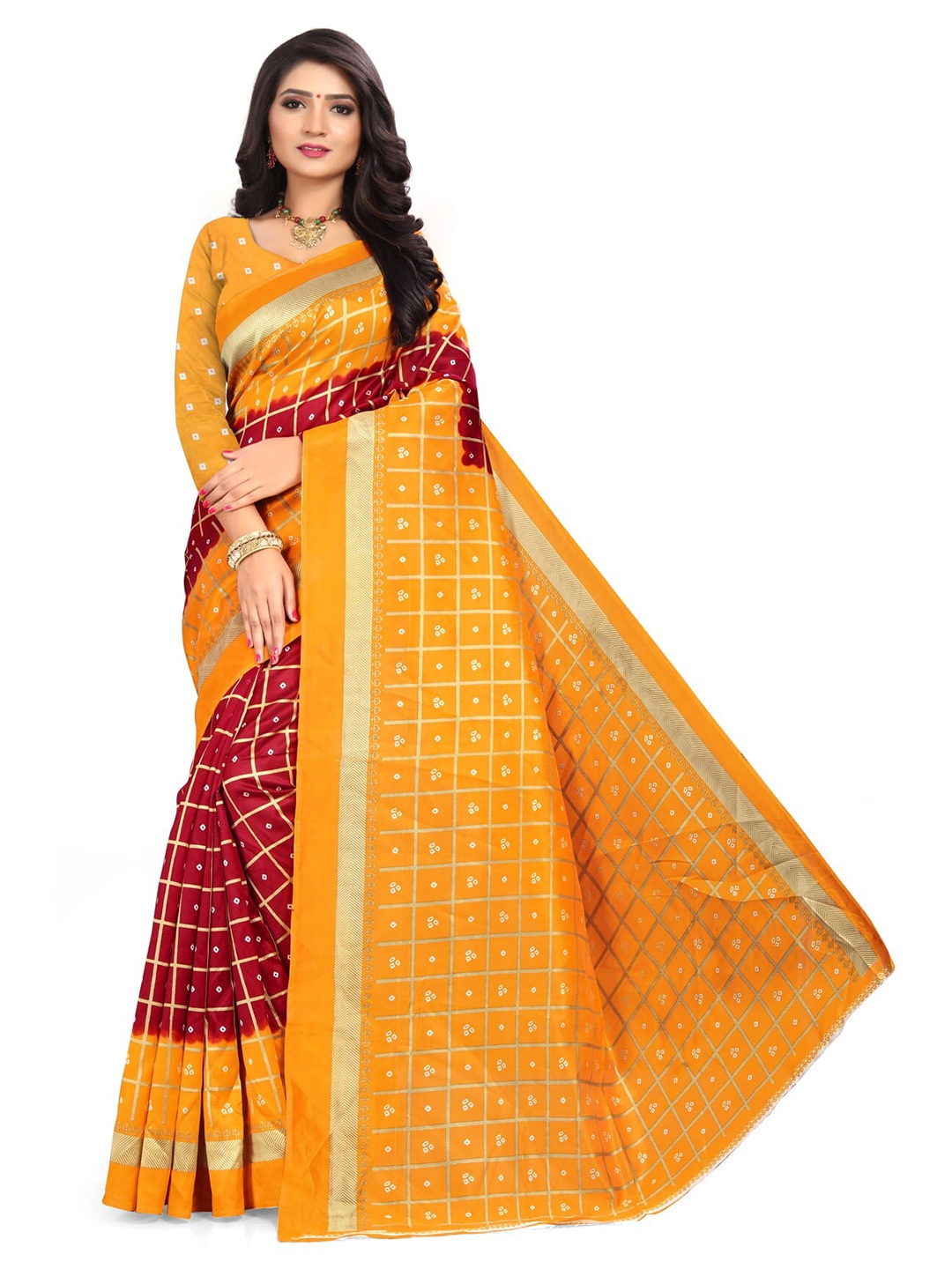 

KALINI Bandhani Printed Zari Art Silk Banarasi Saree, Red