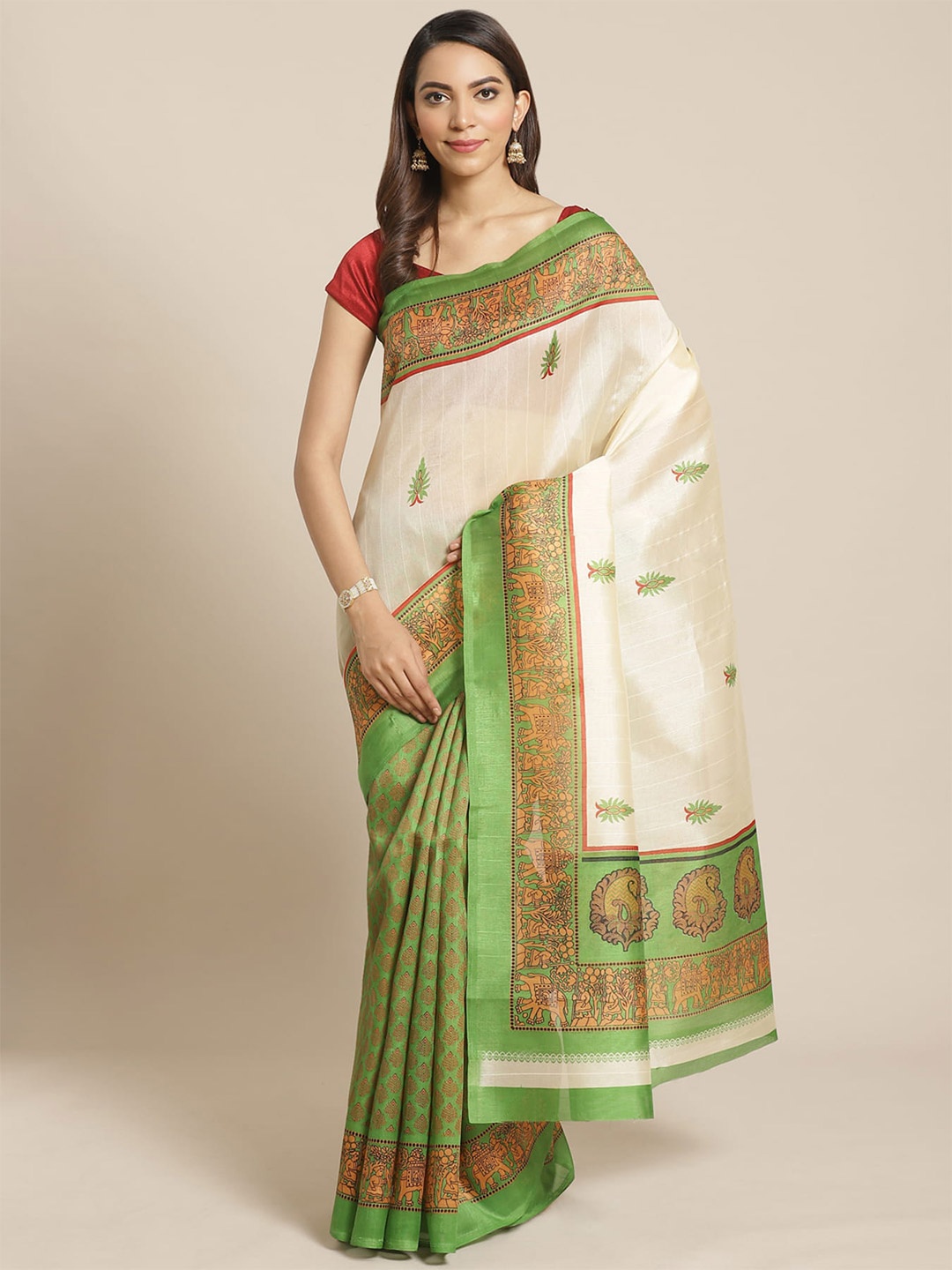 

KALINI Ethnic Motifs Printed Banarasi Saree, Cream