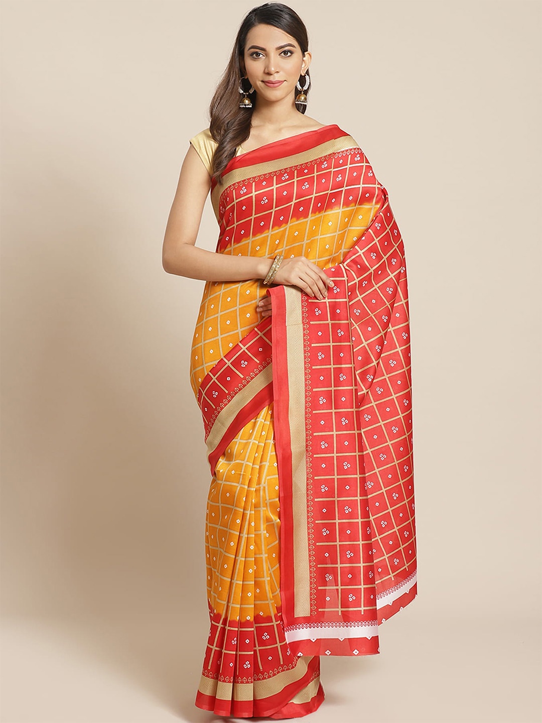 

KALINI Bandhani Printed Banarasi Saree, Yellow