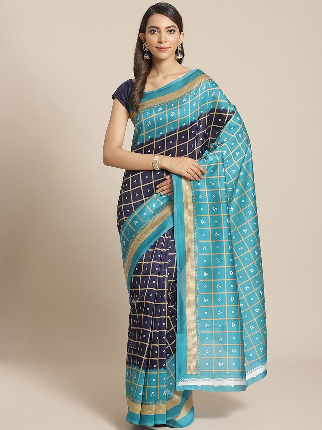 

KALINI Bandhani Printed Art Silk Banarasi Saree, Blue