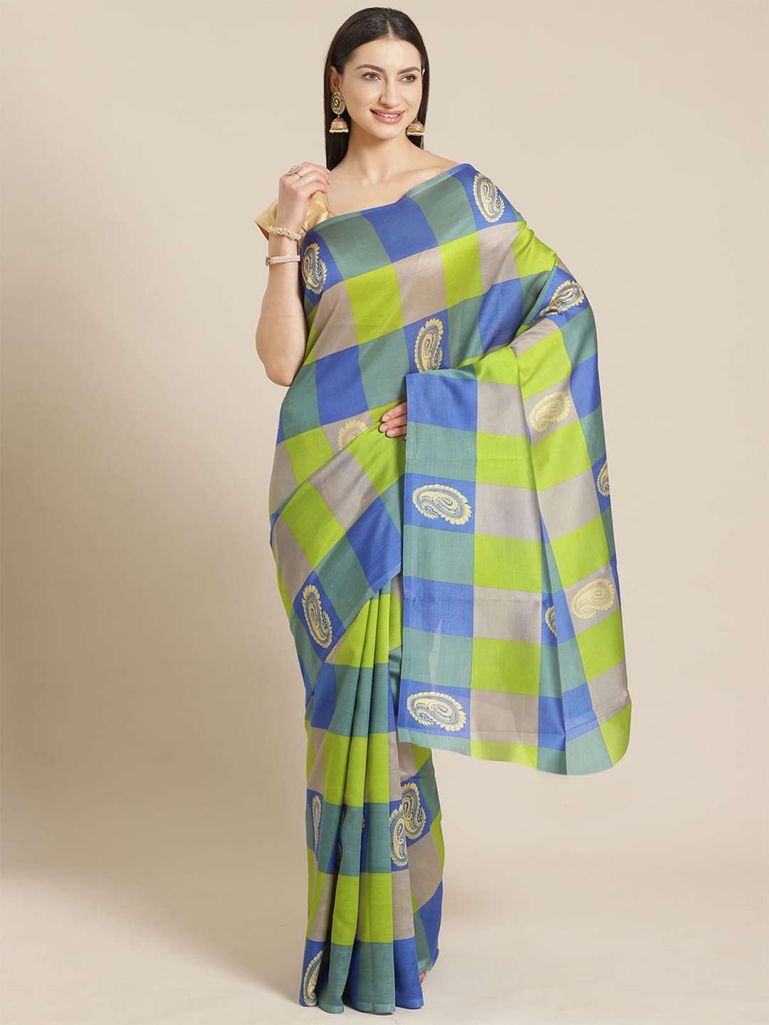 

KALINI Checked Art Silk Banarasi Saree, Blue