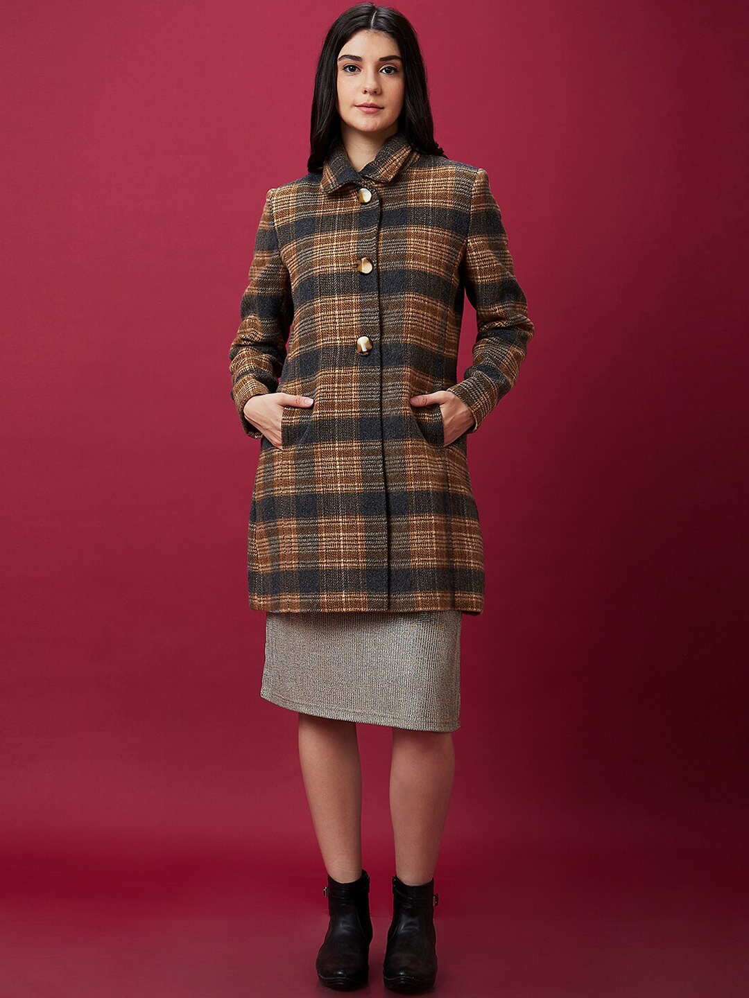 

Globus Brown Checked Spread Collar Longline Overcoat