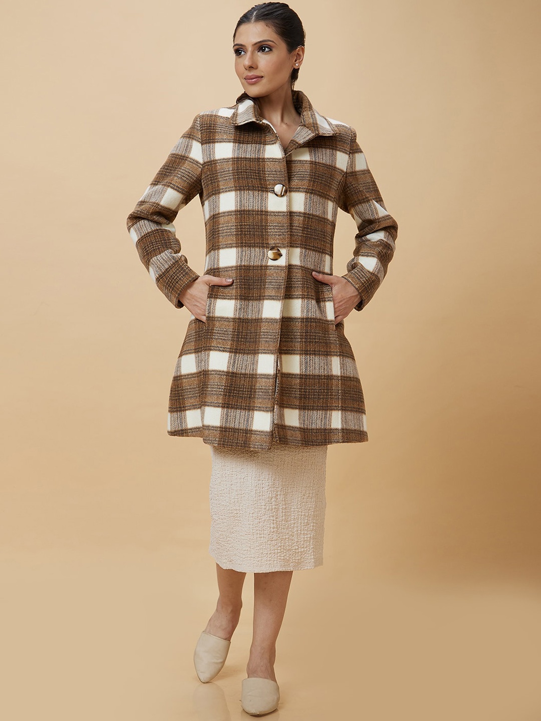 

Globus Checked Spread Collar Longline Overcoat, Brown