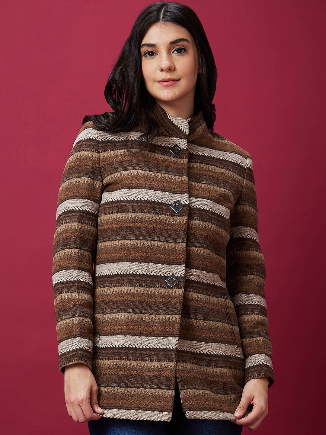

Globus Brown Self Design Mock-Collar Hip Length Overcoat