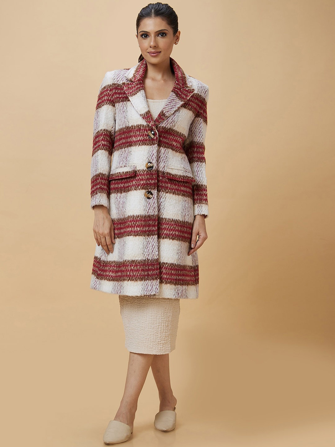 

Globus Red Checked Single-Breasted Notched Lapel-Collar Longline Overcoat