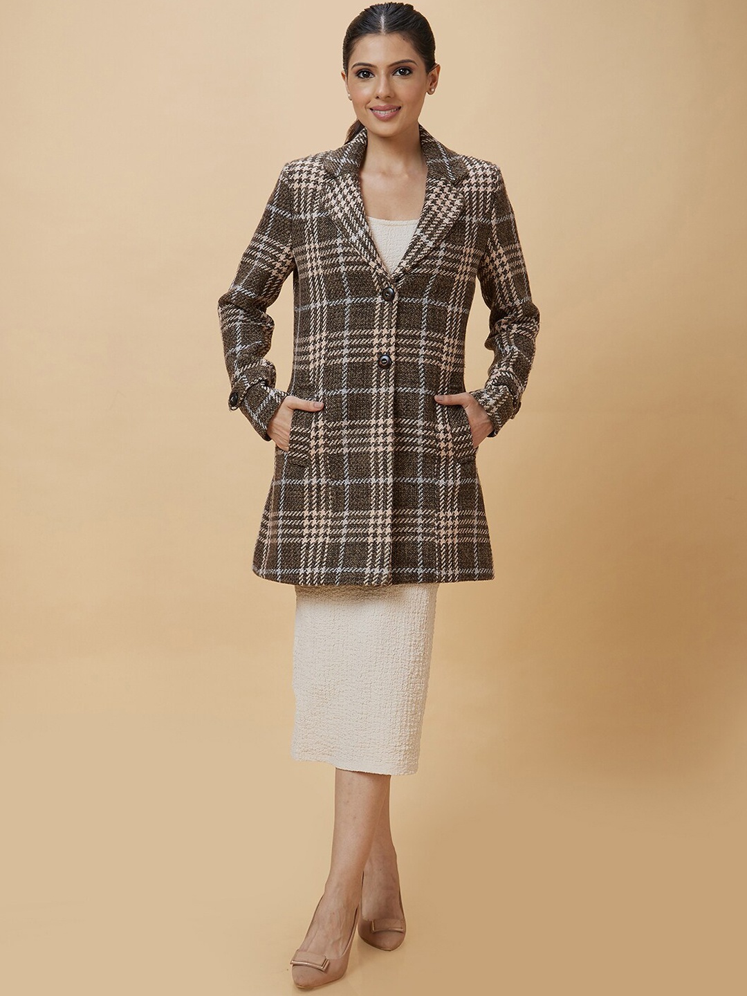 

Globus Olive Green Checked Notched Lapel Longline Over Coat