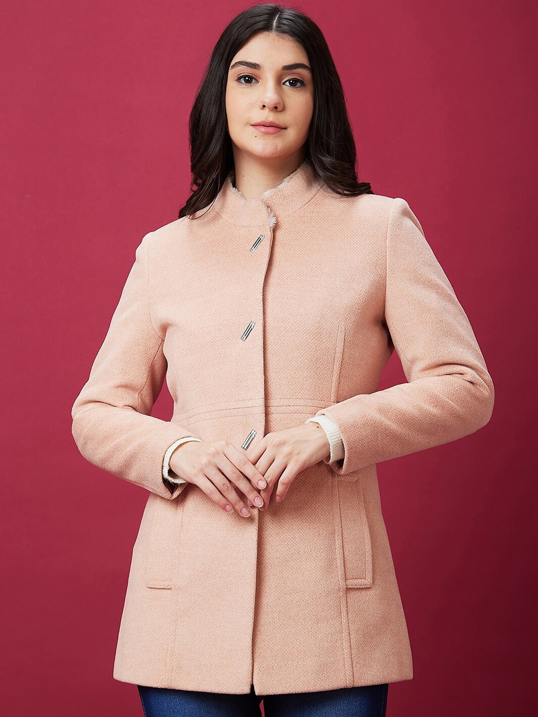 

Globus Single Breasted Mock Collar Overcoat, Peach