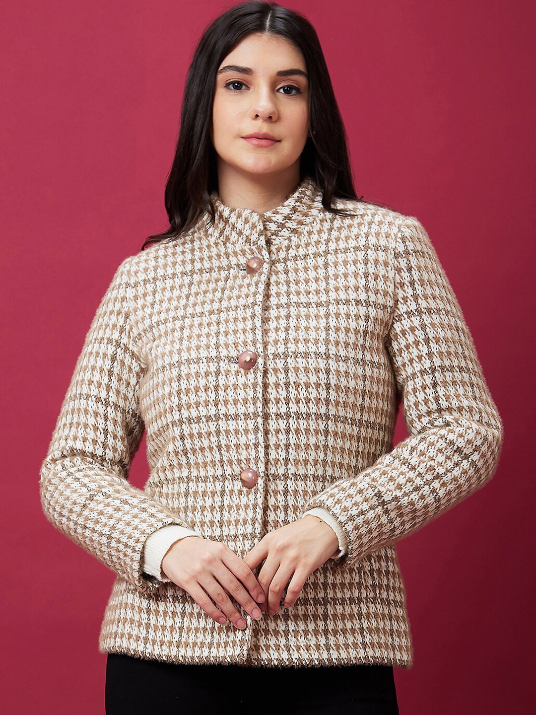

Globus Brown Self Design Mock Collar Overcoat