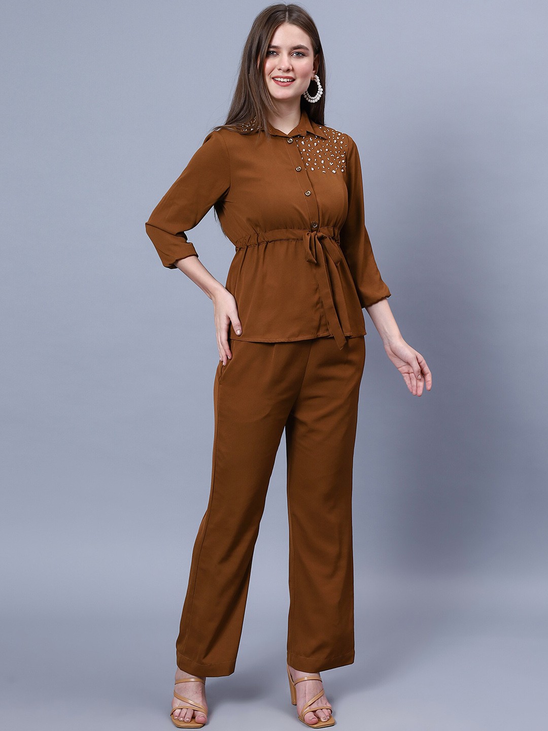 

Sipsew Embellished Shirt With Mid-Rise Trouser, Brown