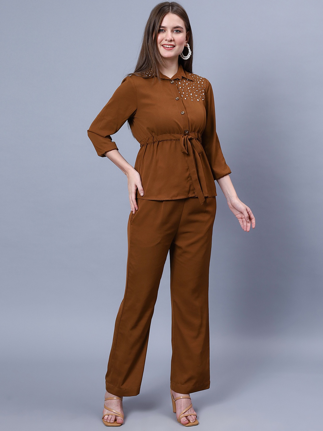 

Sipsew Pearl Detailed Shirt With Trousers, Brown