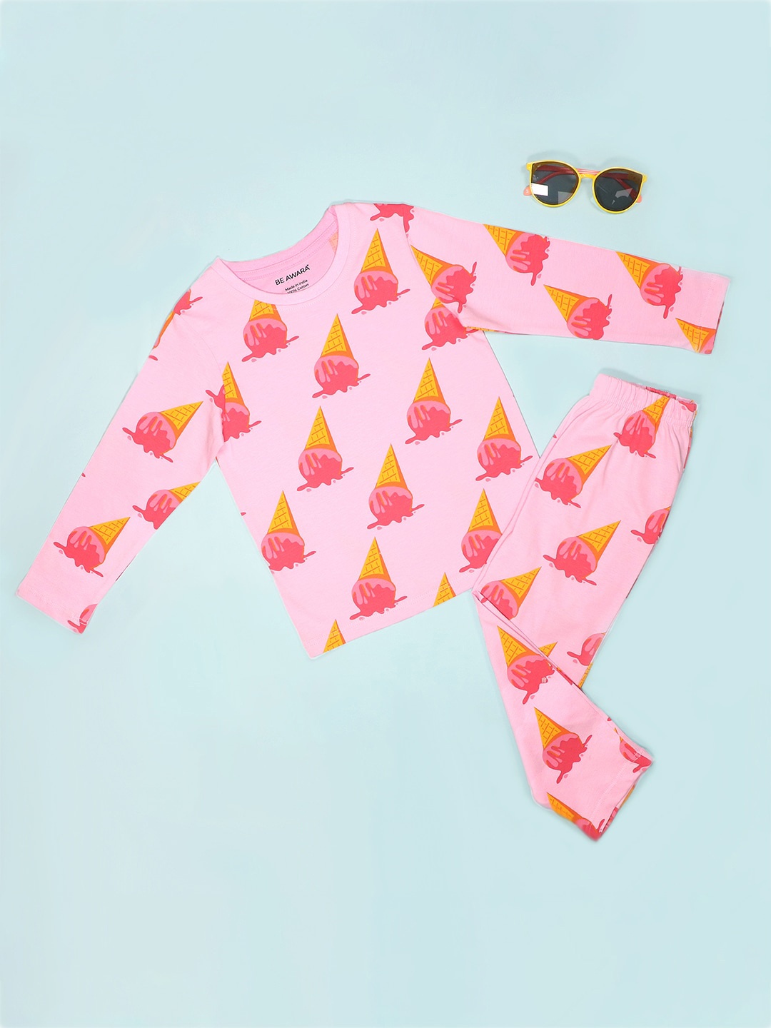 

BE AWARA Kids Conversational Printed Long Sleeves T-shirt & Pyjamas, Pink
