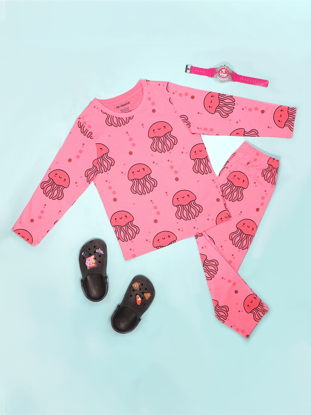 

BE AWARA Kids Conversational Printed Pure Cotton Night suit, Peach