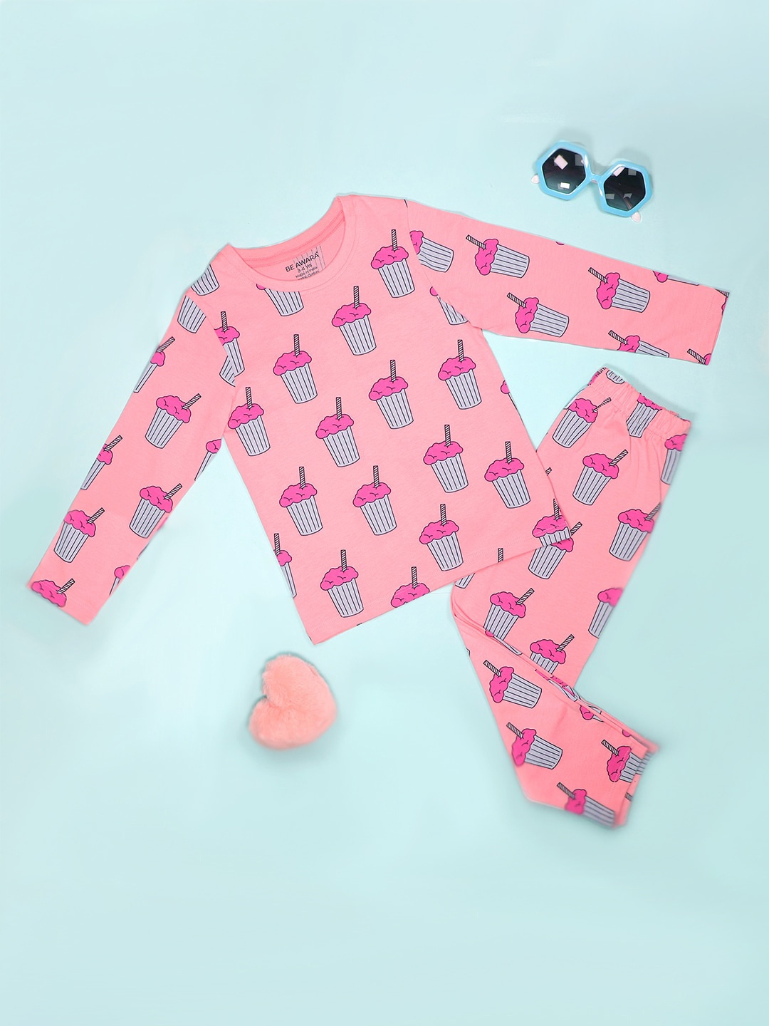 

BE AWARA Kids Conversational Printed Long Sleeves T-shirt & Pyjamas, Peach