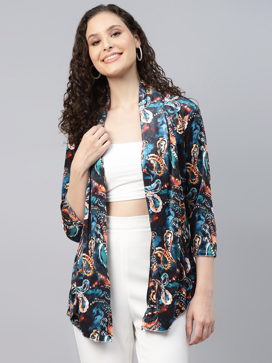 

DEEBACO Floral Printed Shrug, Navy blue