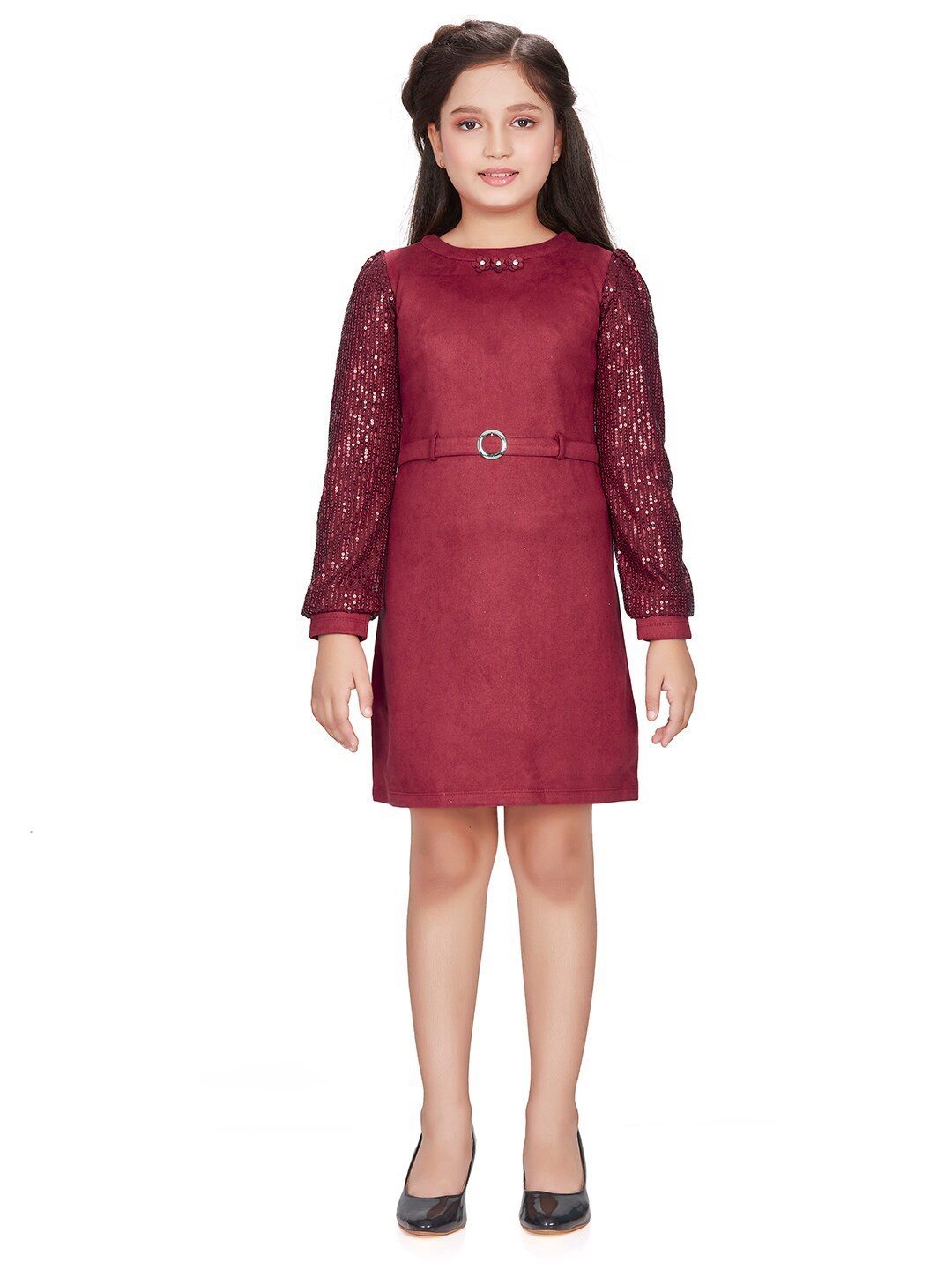 

Peppermint Round Neck Sequined A-Line Dress, Maroon