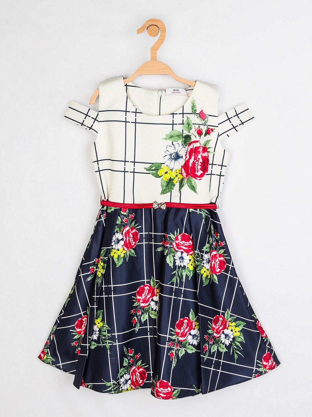 

Peppermint Floral Printed Cold-Shoulder Fit & Flare Dress, Navy blue