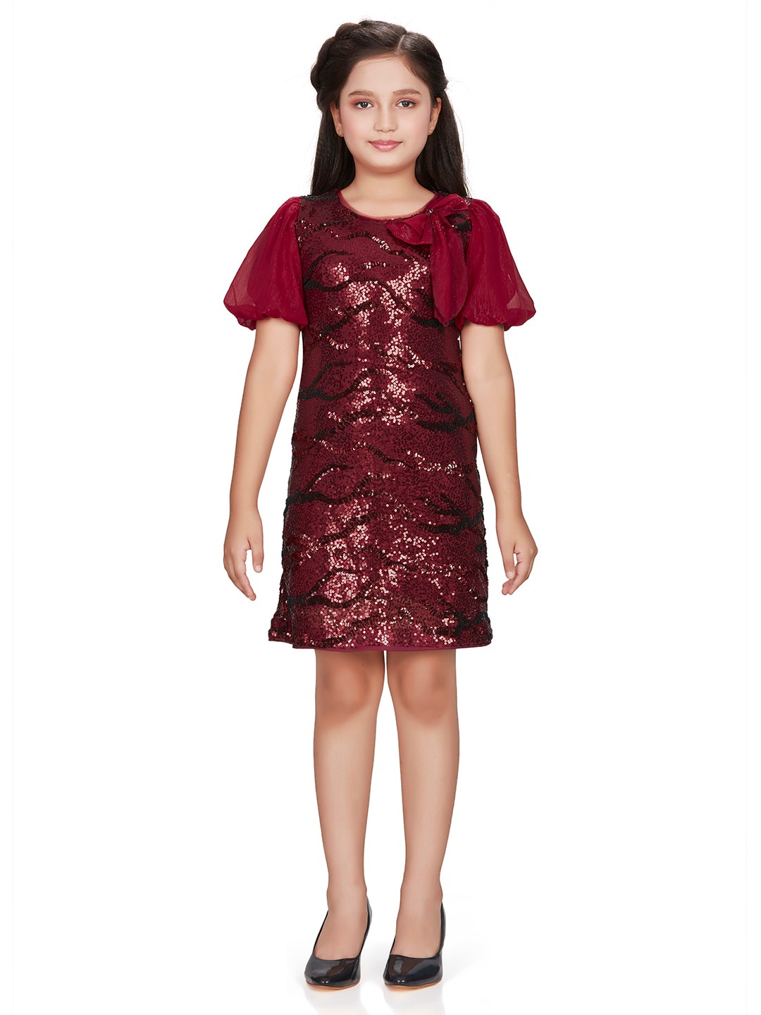 

Peppermint Embellished Puff Sleeve Sequined Detail Sheath Dress, Maroon