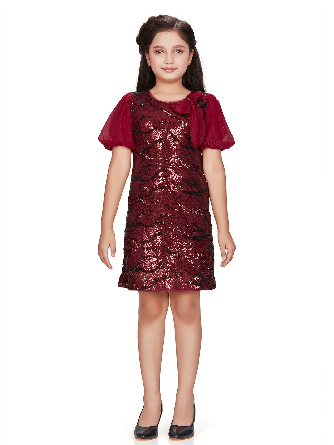

Peppermint Girls Embellished Puff Sleeve A-Line Dress, Maroon