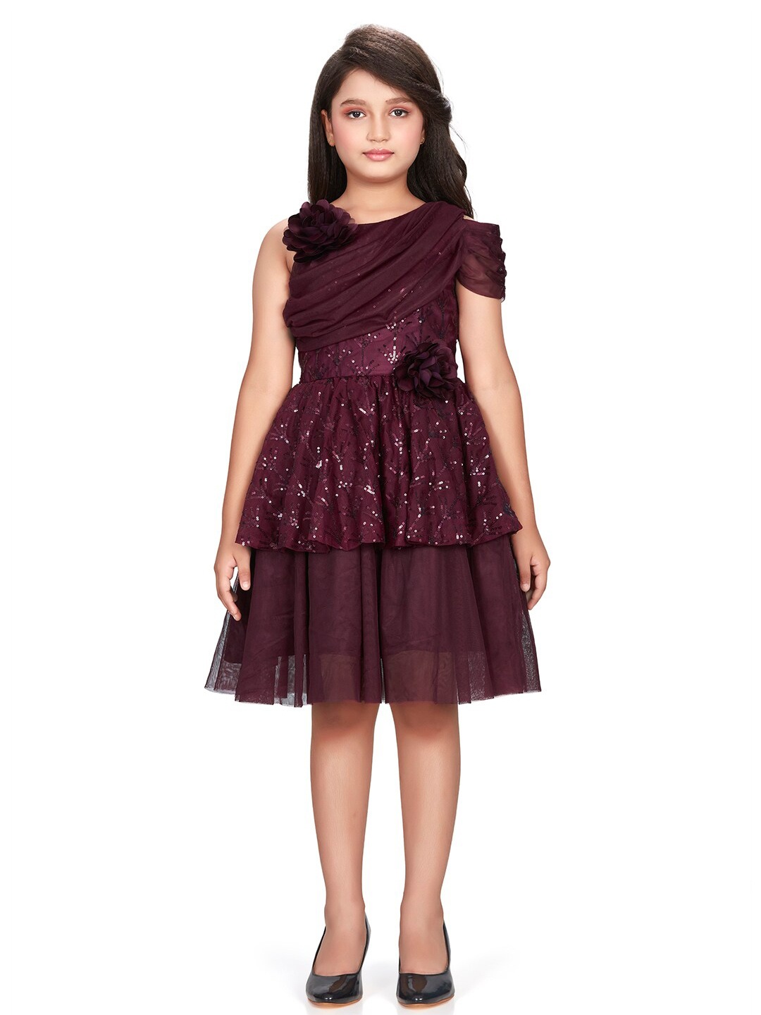 

Peppermint Girls Embellished Cold-Shoulder Cotton Fit & Flare Dress, Purple