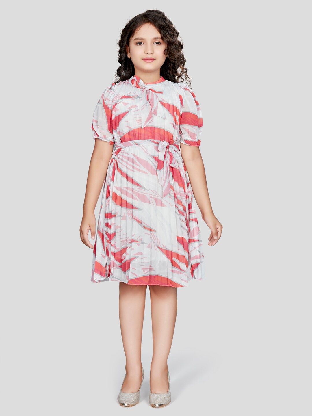 

Peppermint Girls Floral Printed Tie-Up Neck A-Line Dress, Pink