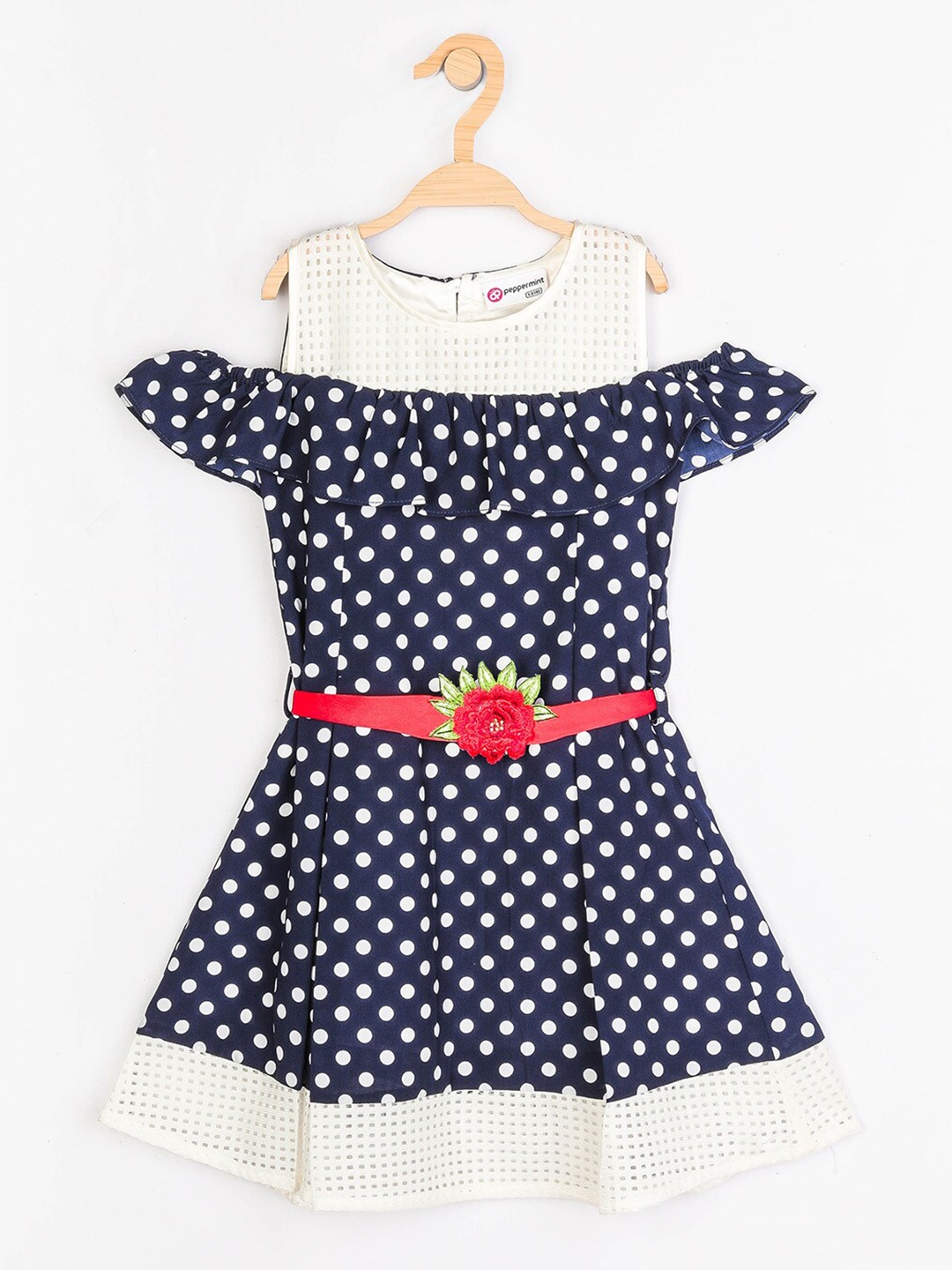 

Peppermint Polka Dot Printed Cold-Shoulder Cotton Fit & Flare Dress, Navy blue