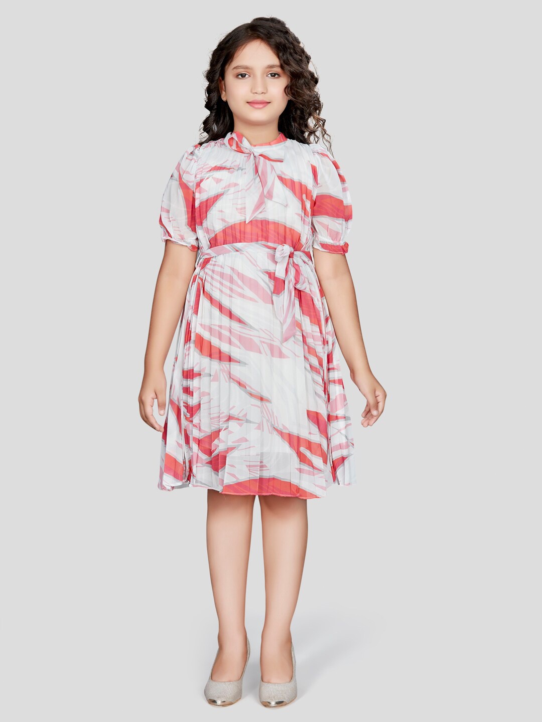 

Peppermint Abstract Printed High Neck Fit and Flare Dress, Pink