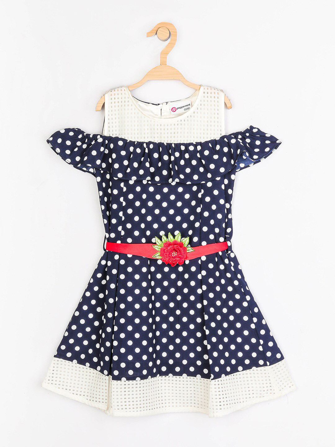 

Peppermint Polka Dot Printed Cold-Shoulder Cotton Fit & Flare Dress, Navy blue