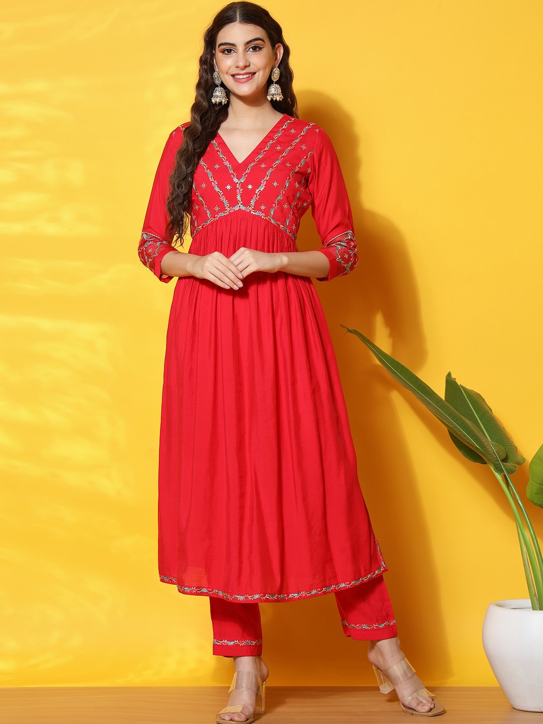 

BLACK SCISSOR Floral Embroidered Empire Sequinned Kurta with Trousers, Red