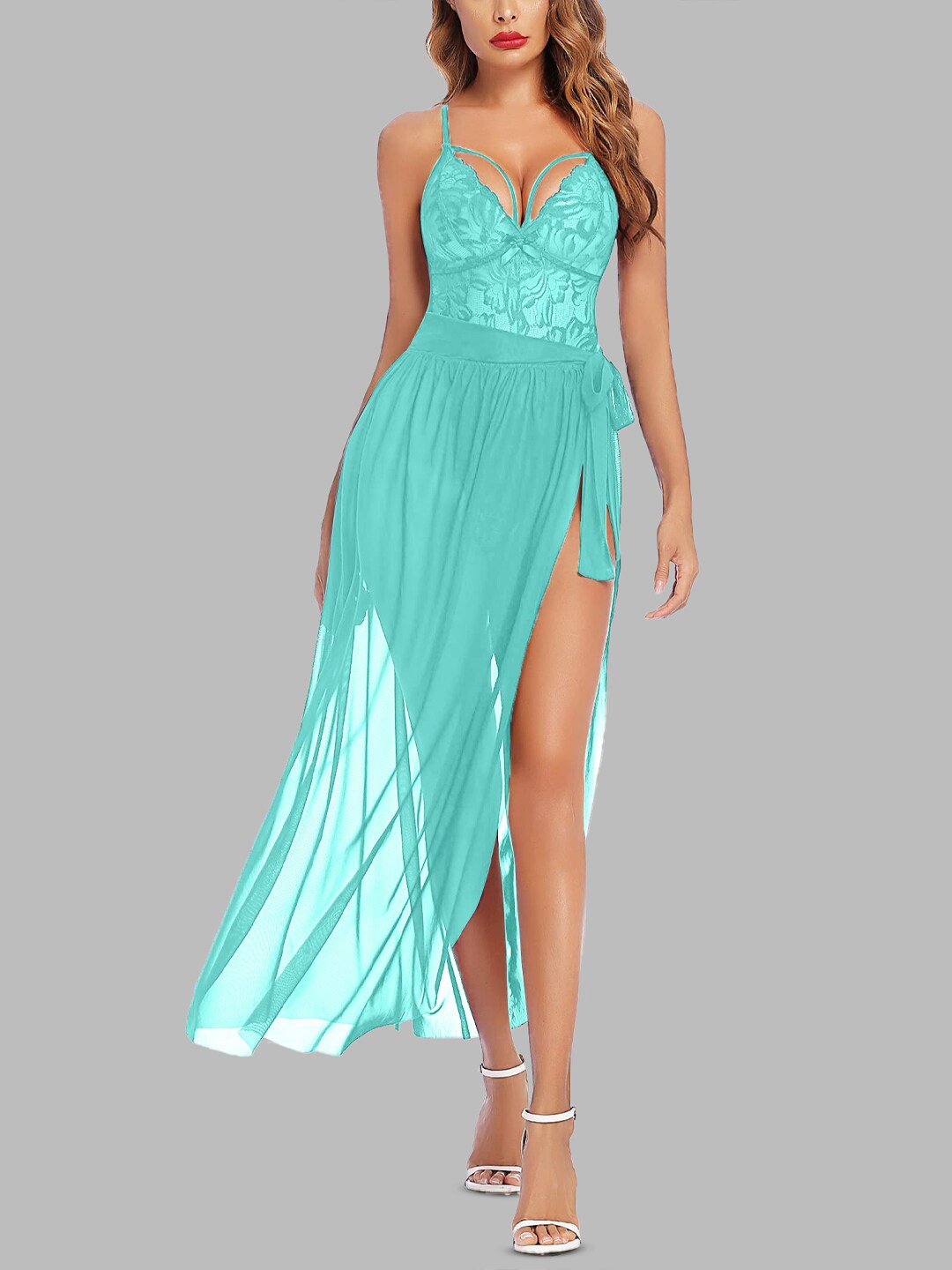 

VAGHBHATT Self Design Net Baby Doll, Sea green