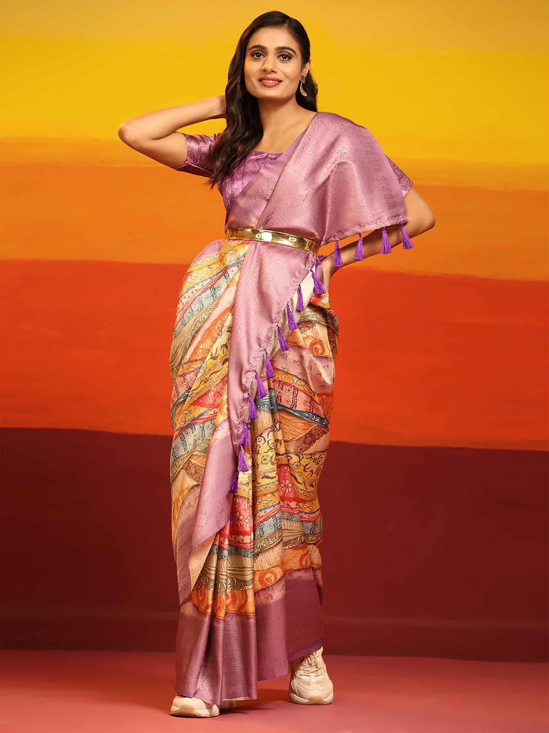 

Silk Land Floral Printed Zari Kanjeevaram Saree, Yellow