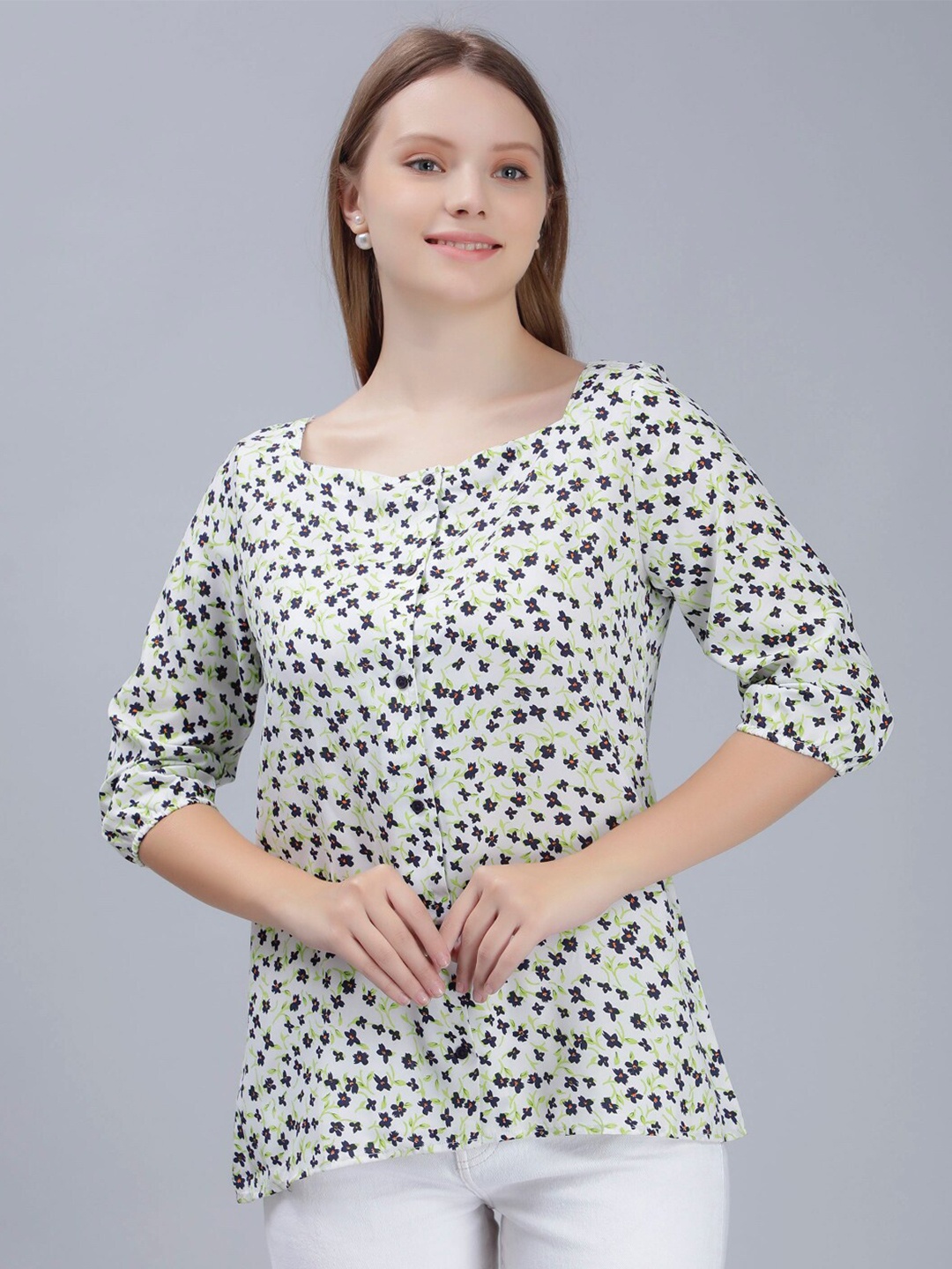 

ENTELLUS Floral Printed Square Neck Top, Green