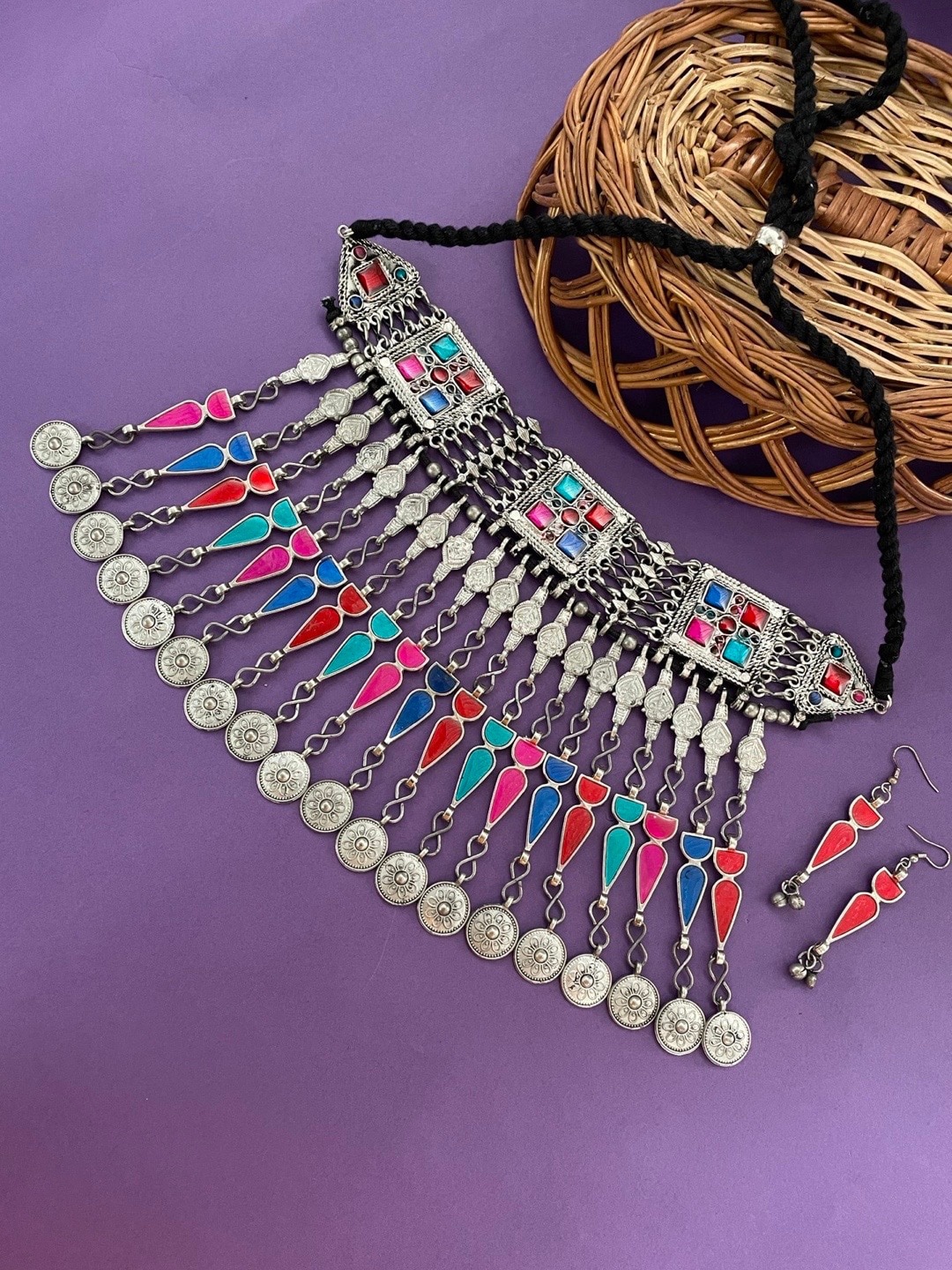 

Digital Dress Room Silver-Plated Enamel Geometric Oxidized Choker Necklace & Earring