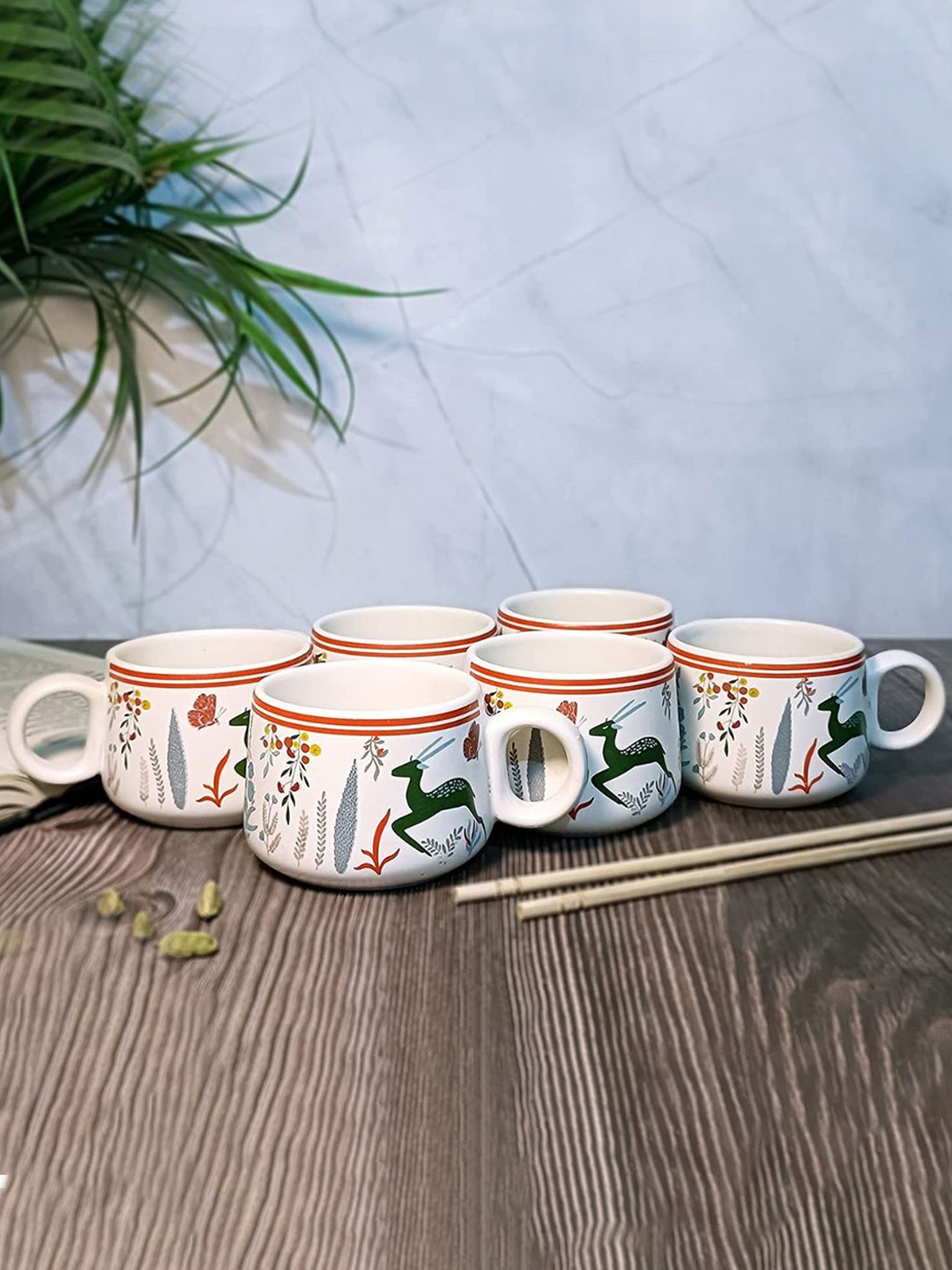 

Gathari White & Yellow 6 Pieces Hand Printed Porcelain Glossy Cups - 150 ML Each