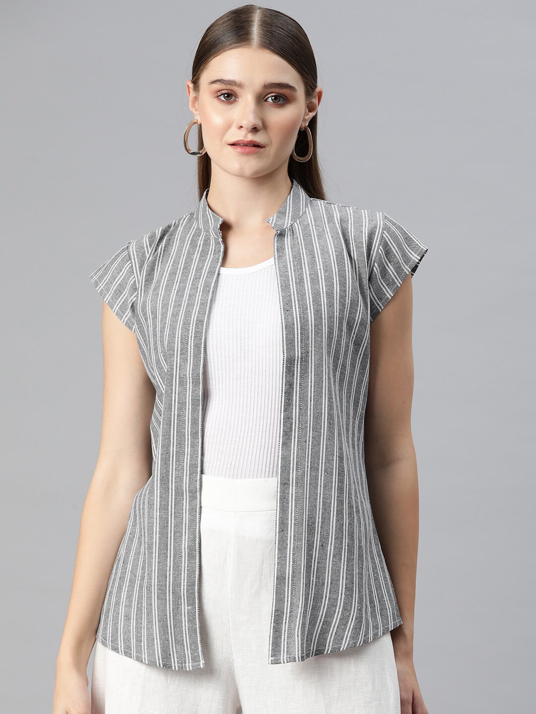 

Cottinfab Striped Front Open Cotton Shrug, Grey