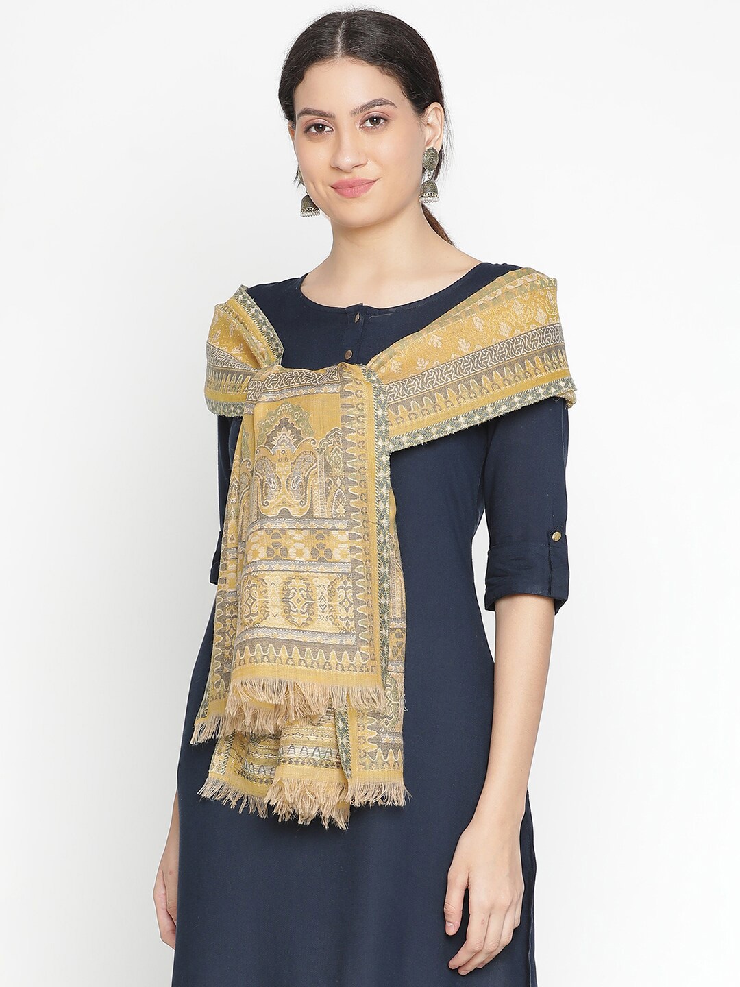 

SHINGORA Ethnic Motifs Woven Design Stole, Mustard