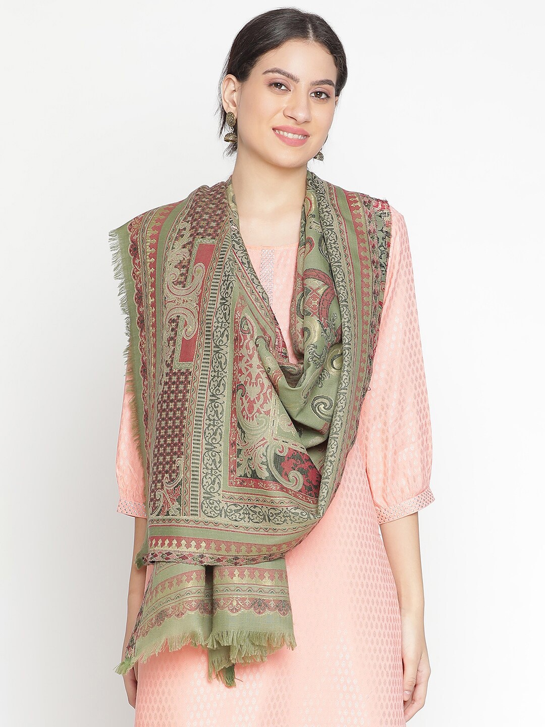 

SHINGORA Ethnic Motifs Woven Design Wool Stole, Green