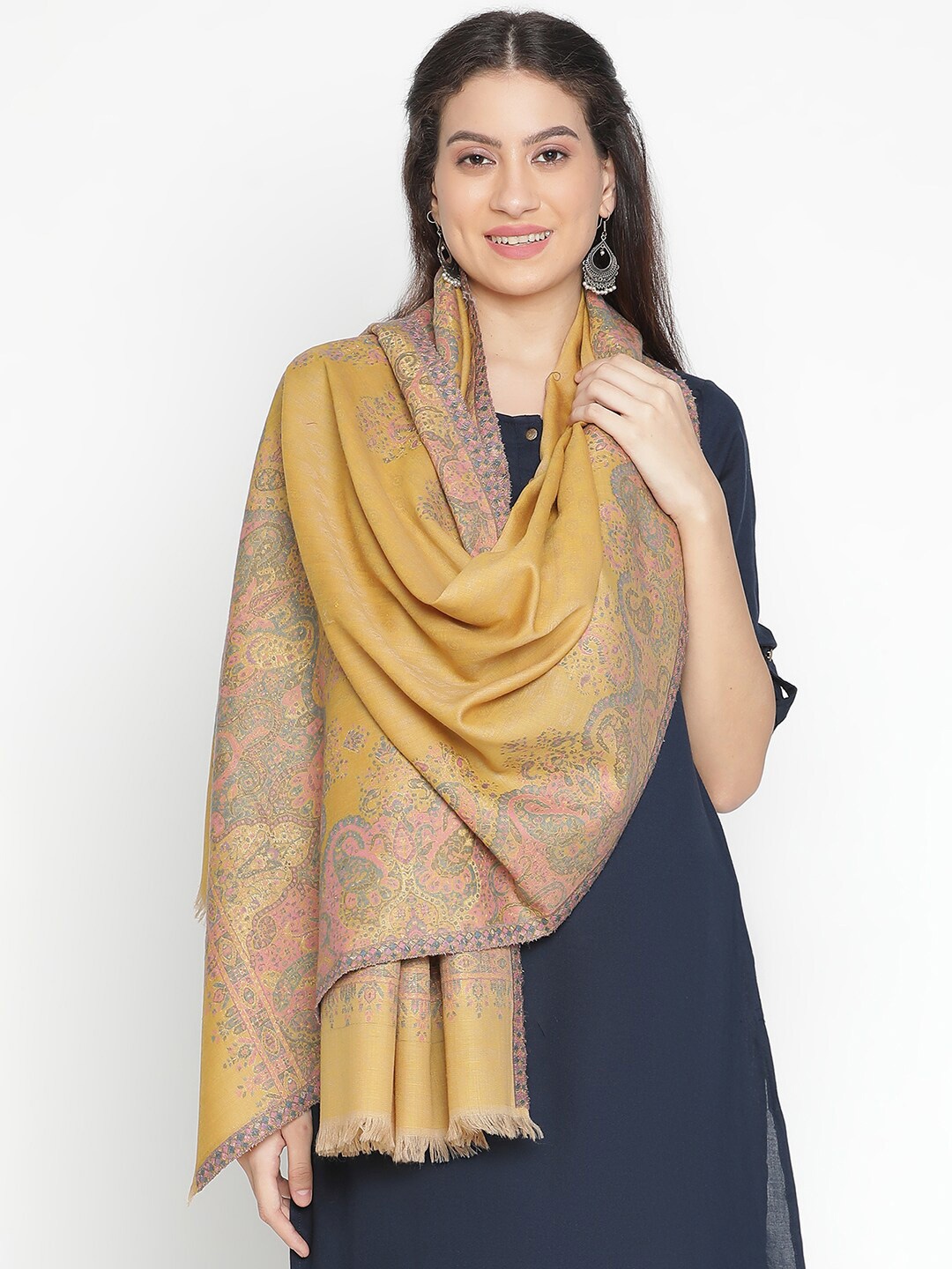 

SHINGORA Ethnic Motifs Woven Design Wool Stole, Mustard