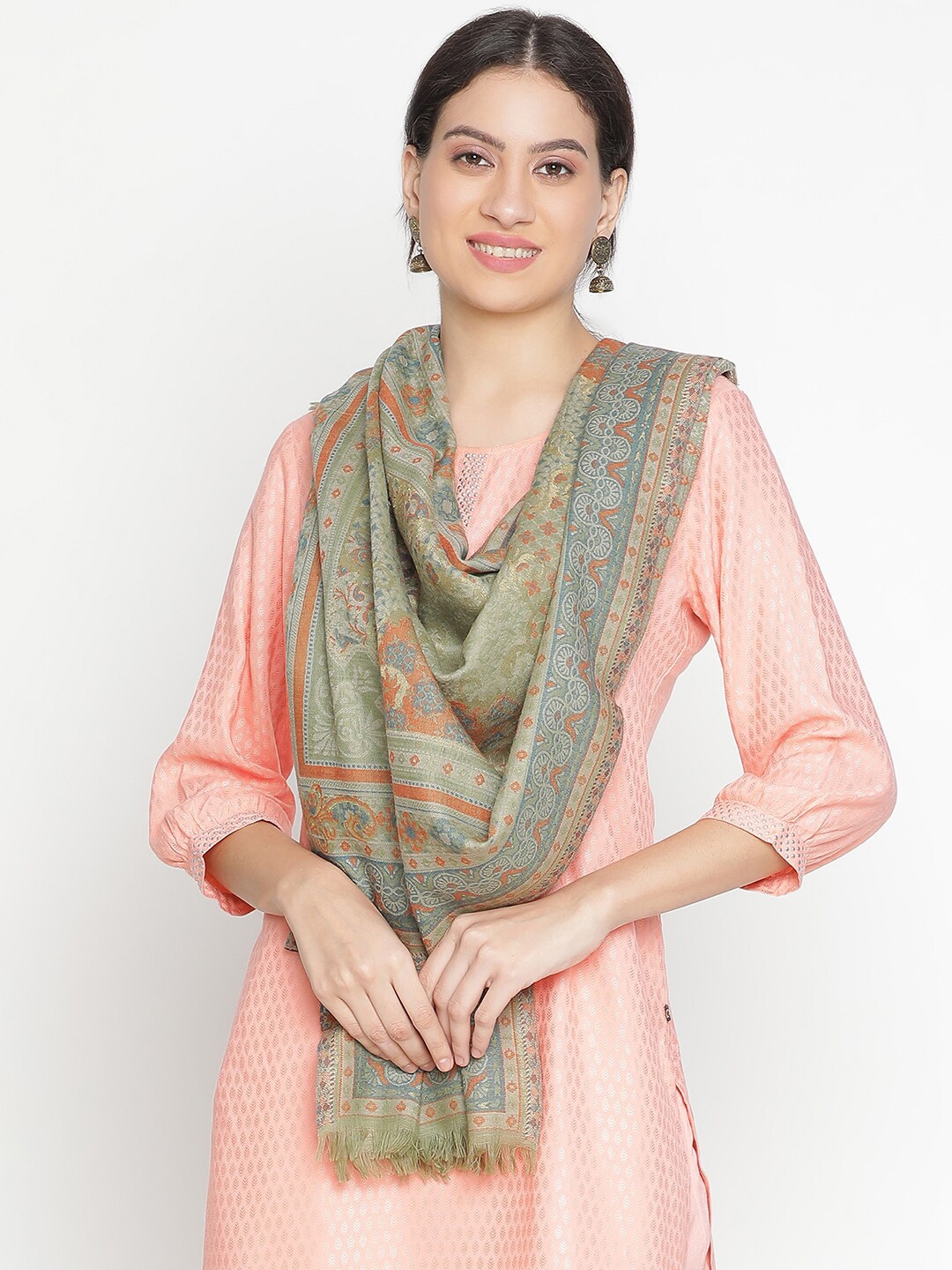 

SHINGORA Floral Woven Design Wool Stole, Green