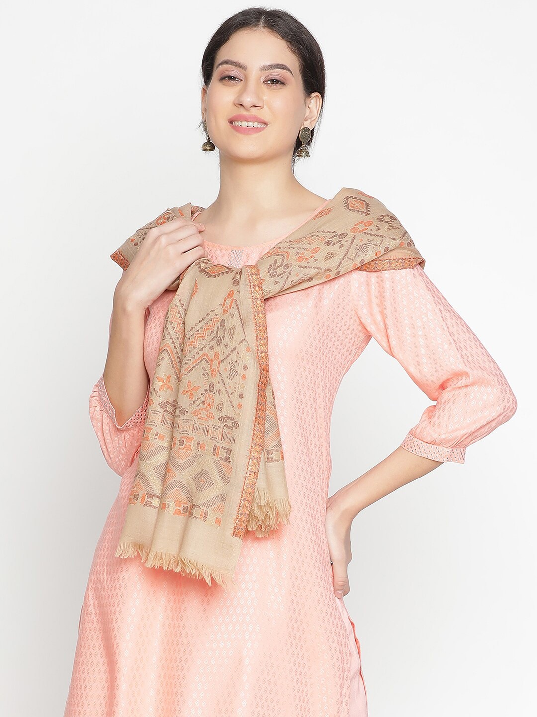 

SHINGORA Ethnic Motifs Woven Design Wool Stole, Beige