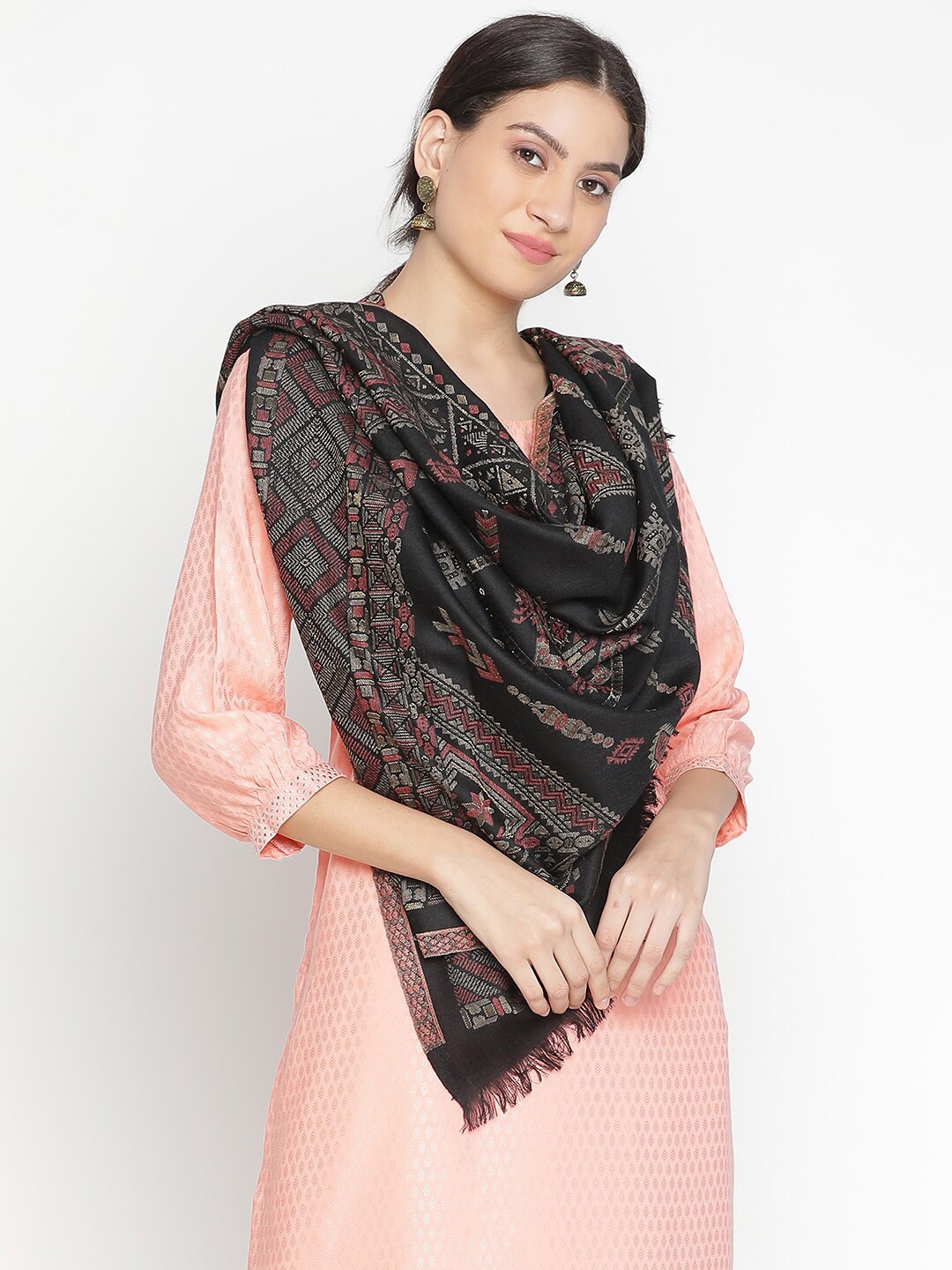 

SHINGORA Ethnic Motif Woven Design Stole, Black
