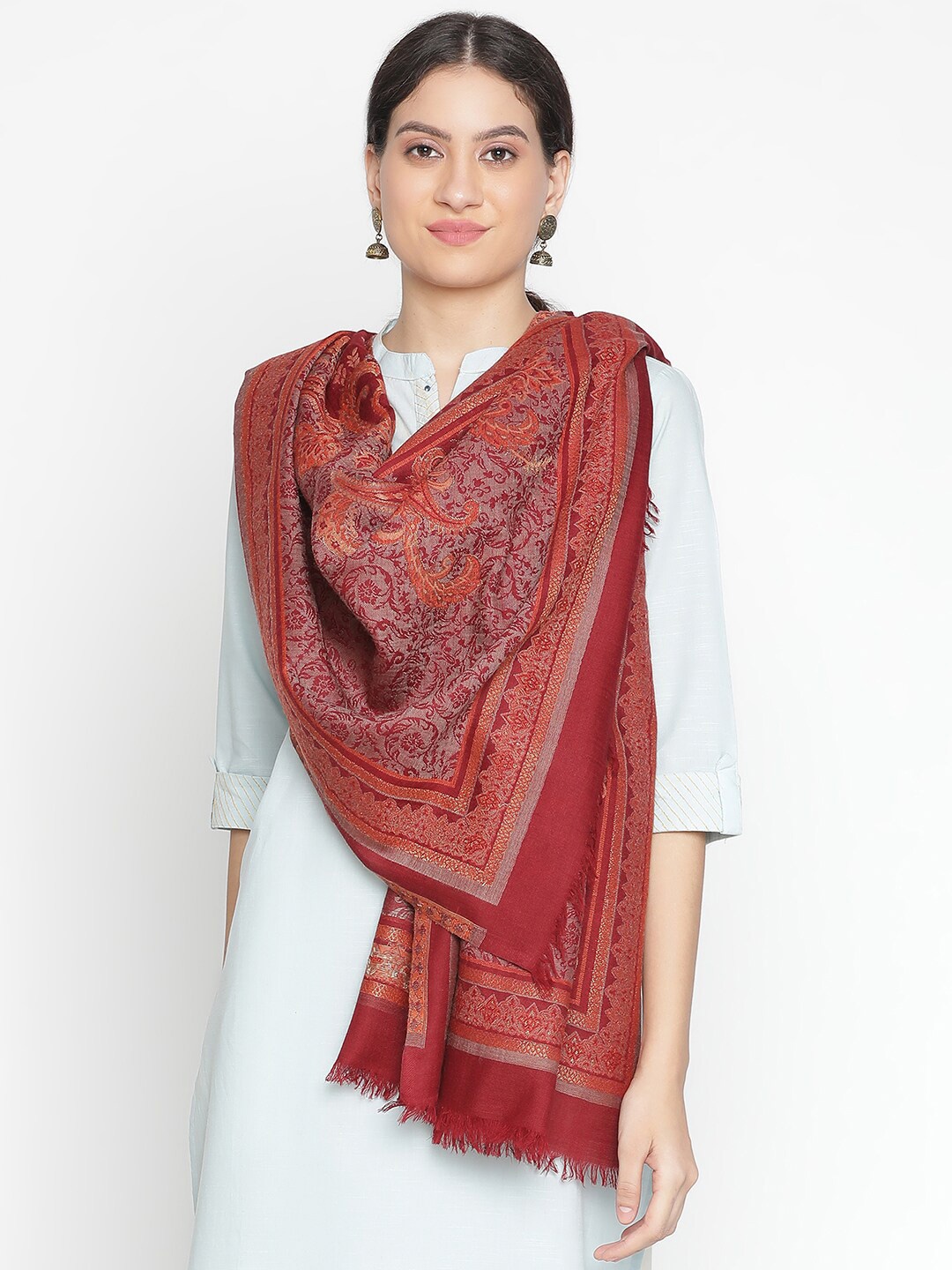 

SHINGORA Ethnic Motifs Woven Design Woolen Shawl, Maroon