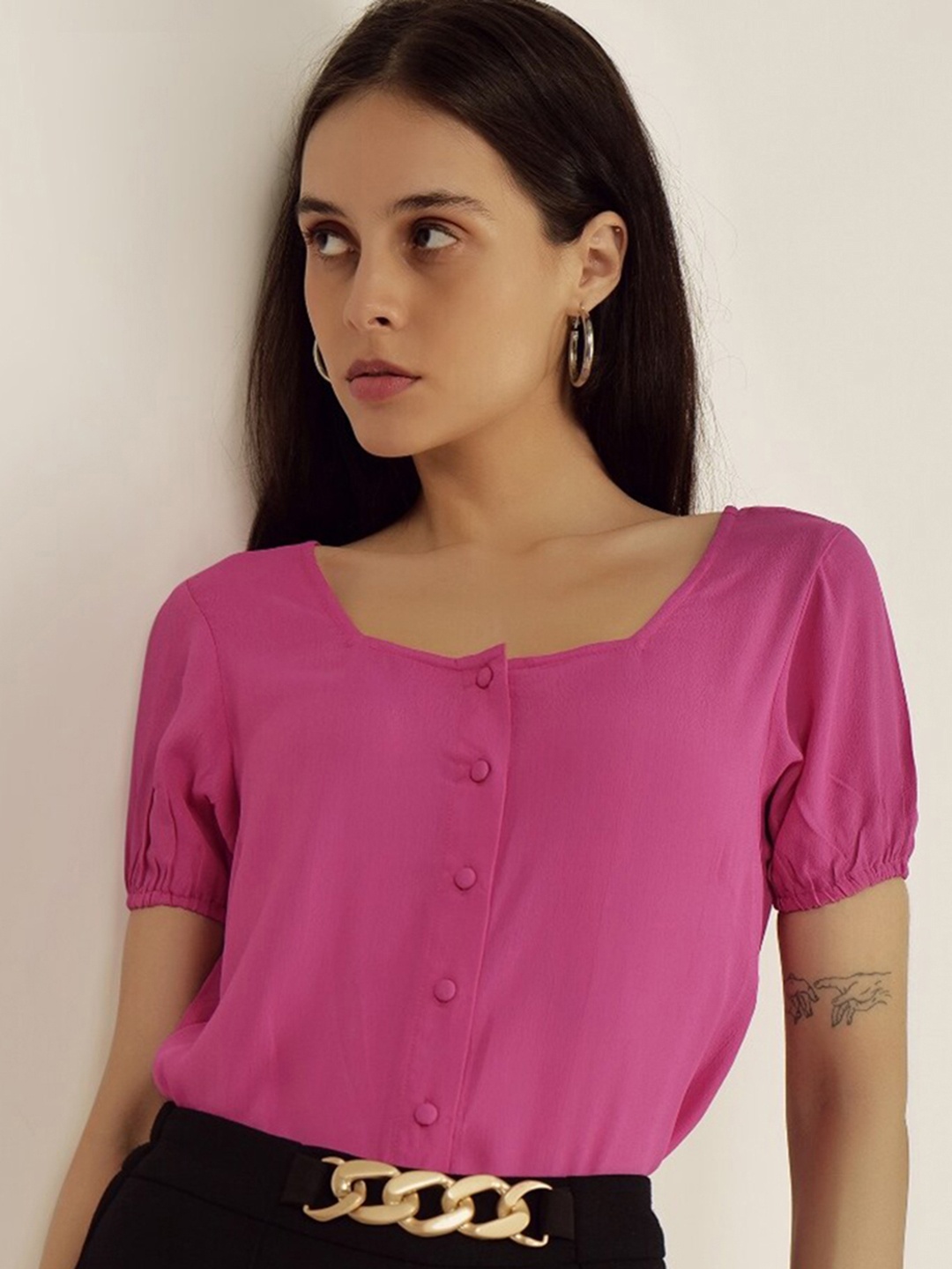 

INVICTUS Puff Sleeves Shirt Style Top, Pink